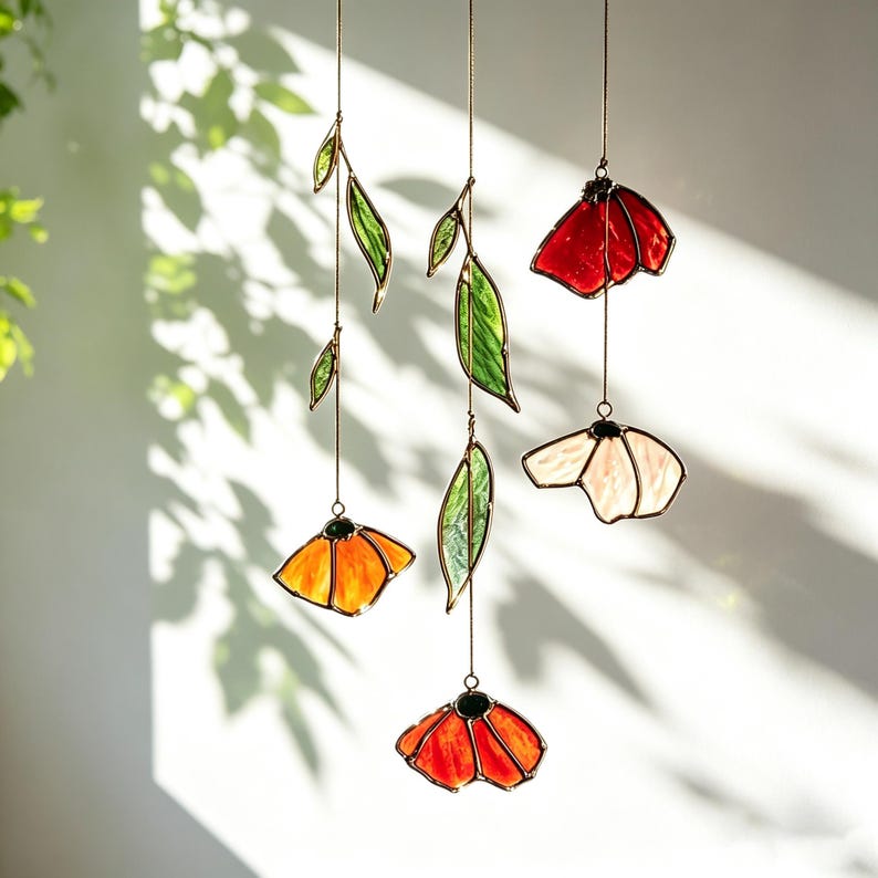 Herbst Mohn Blatt Glas Lichtfänger Handgemachtes Blumen Windspiel Terrassenfenster Deko