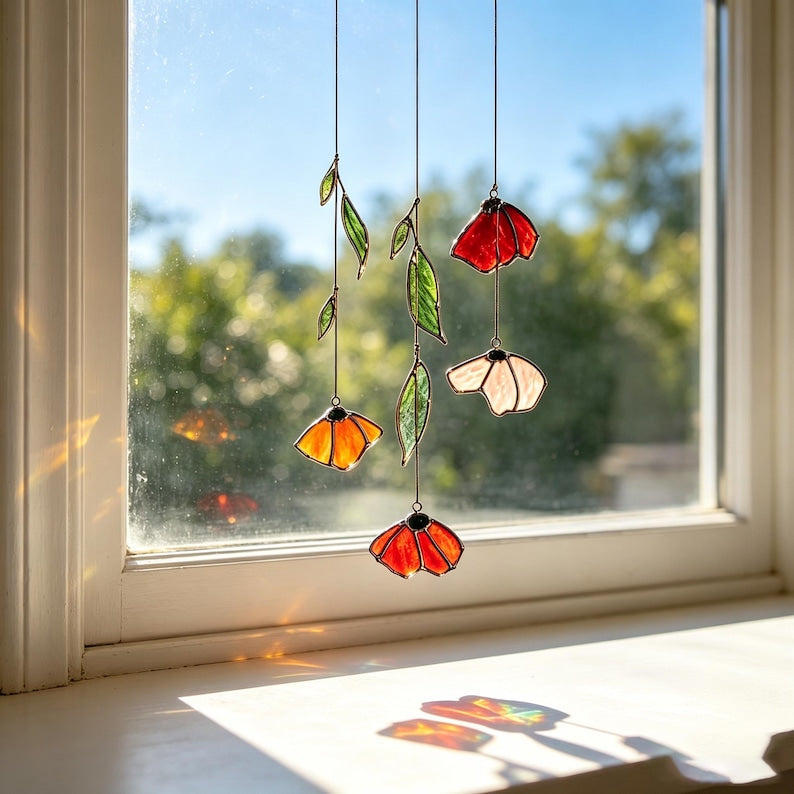 Herbst Mohn Blatt Glas Lichtfänger Handgemachtes Blumen Windspiel Terrassenfenster Deko