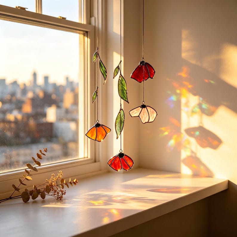 Herbst Mohn Blatt Glas Lichtfänger Handgemachtes Blumen Windspiel Terrassenfenster Deko