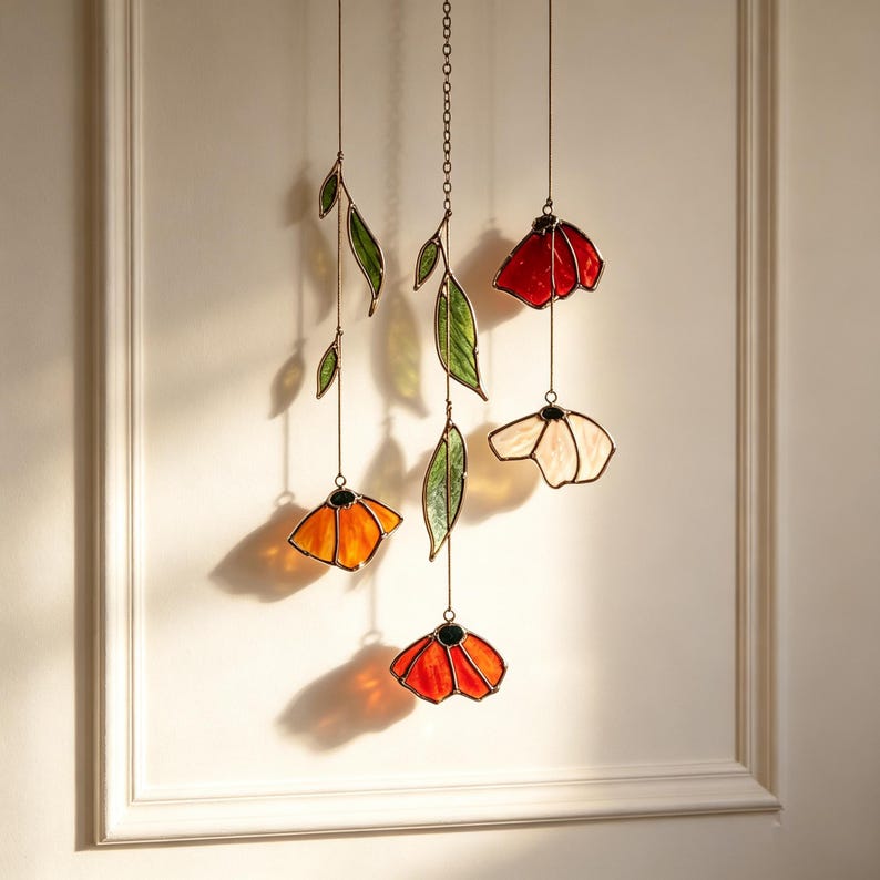 Herbst Mohn Blatt Glas Lichtfänger Handgemachtes Blumen Windspiel Terrassenfenster Deko