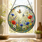 Suncatcher Wildblumenwiese, rundes Fensterhängedekor, im Glasmalerei-Stil, 15-31 cm