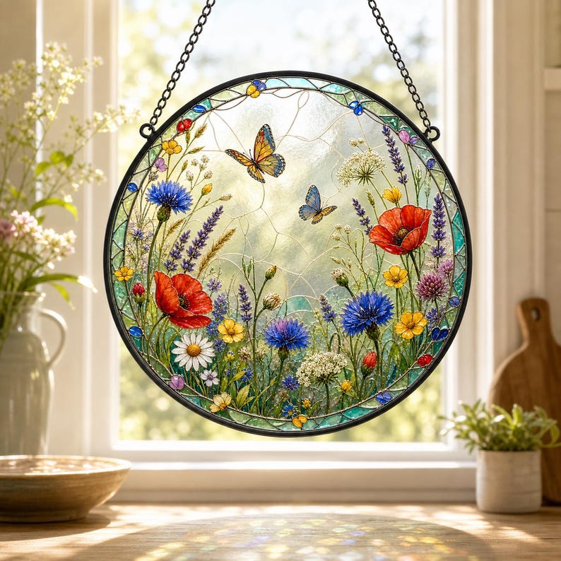 Suncatcher Wildblumenwiese, rundes Fensterhängedekor, im Glasmalerei-Stil, 15-31 cm