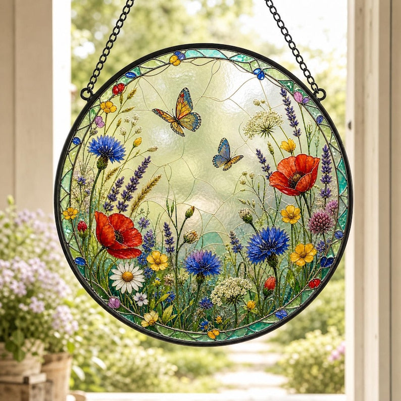 Suncatcher Wildblumenwiese, rundes Fensterhängedekor, im Glasmalerei-Stil, 15-31 cm