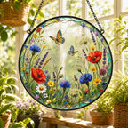 Suncatcher Wildblumenwiese, rundes Fensterhängedekor, im Glasmalerei-Stil, 15-31 cm