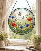Suncatcher Wildblumenwiese, rundes Fensterhängedekor, im Glasmalerei-Stil, 15-31 cm