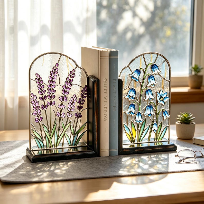 Buchstützen aus Buntglas: Lavendel & Glockenblumen, Vintage-Cottagecore-Bücherregal-Deko, Paar, 8,27 Zoll hoch