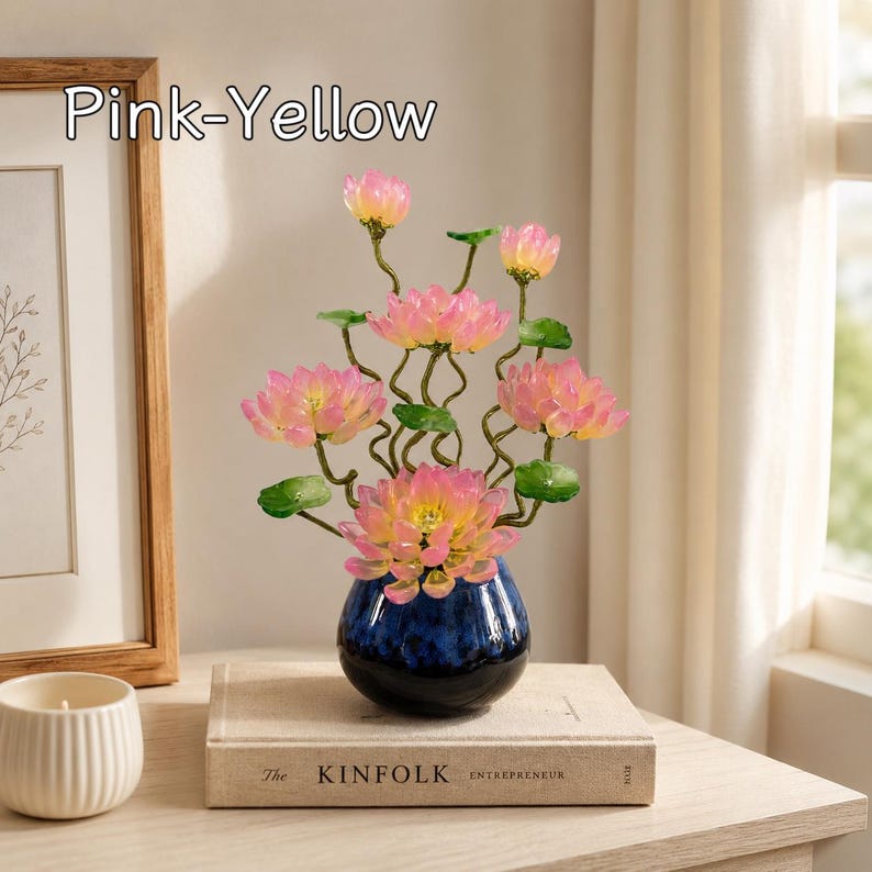 Blaue Lotusstil Glasblume mit Topf, Kunstglas Blumenskulptur, 20 cm Hoch