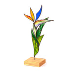 Kolibri- und Lilien-Skulptur aus Buntglas, Tiffany-Technik, Eichensockel, 26 cm