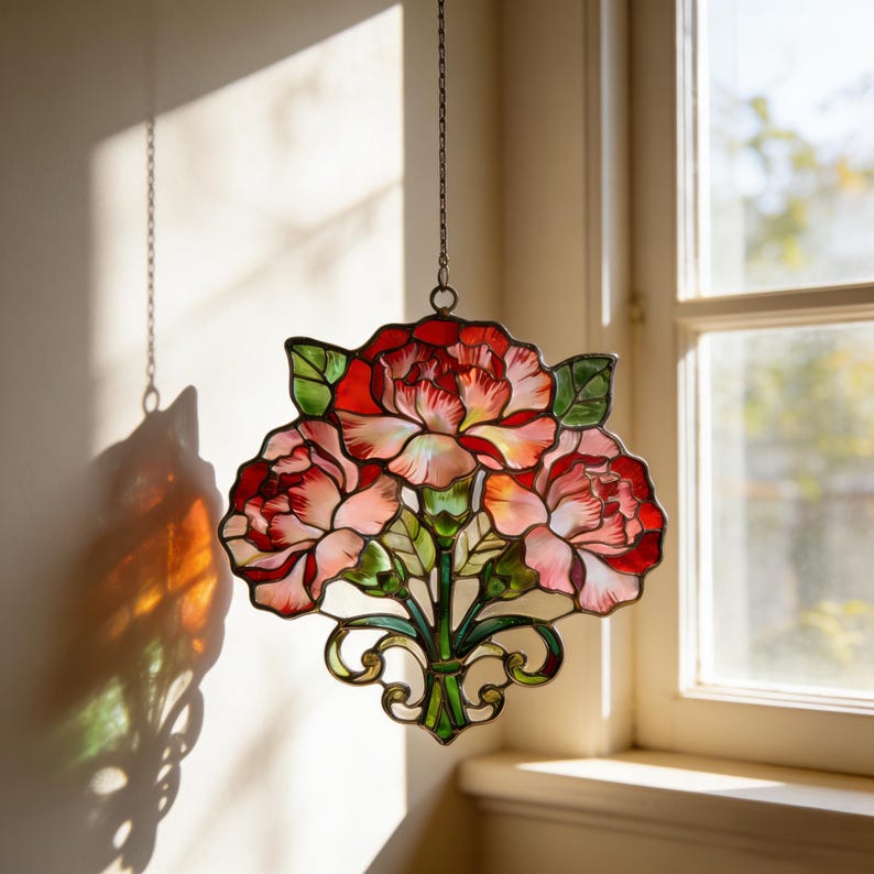 Nelken-Sonnenfänger aus Buntglas, floraler Fensterhänger, handgefertigt, 15 cm