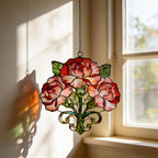 Nelken-Sonnenfänger aus Buntglas, floraler Fensterhänger, handgefertigt, 15 cm