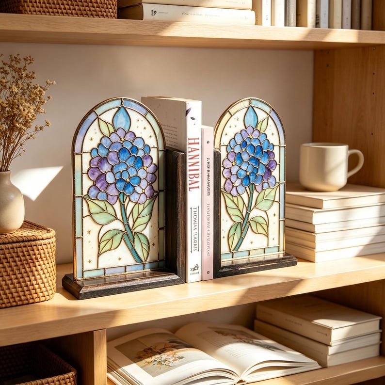 Hortensien-Buchstützen aus Buntglas Paar, florale Buchstopper, Dekoration für Bücherregal im Cottagecore-Stil