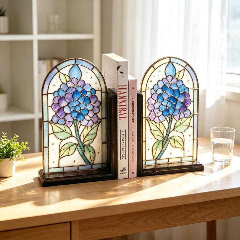 Hortensien-Buchstützen aus Buntglas Paar, florale Buchstopper, Dekoration für Bücherregal im Cottagecore-Stil