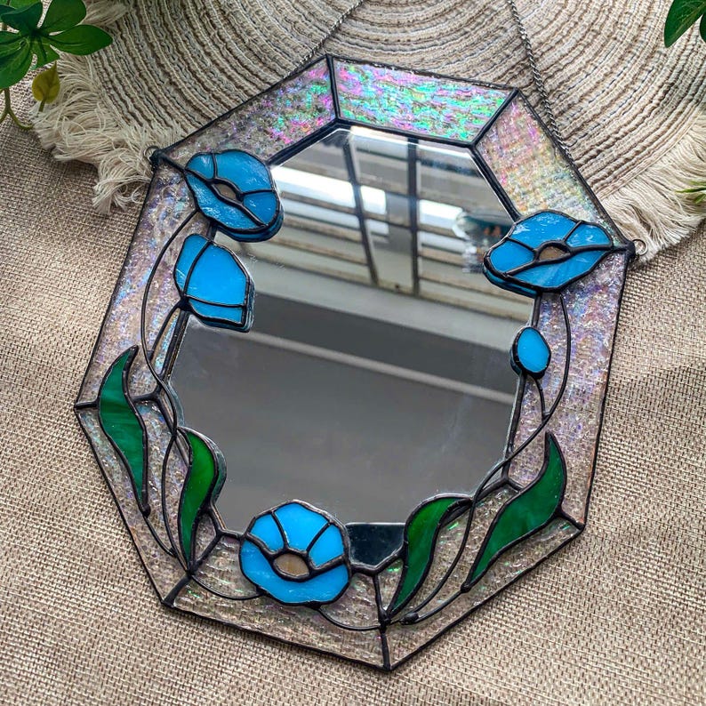 Buntglas-Wandspiegel mit Mohnblumenmuster, Landhausstil Wohndeko