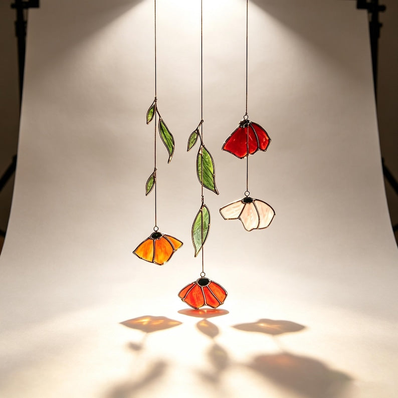 Herbst Mohn Blatt Glas Lichtfänger Handgemachtes Blumen Windspiel Terrassenfenster Deko