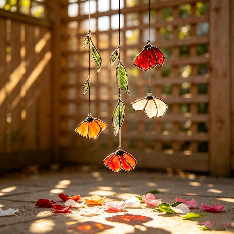 Herbst Mohn Blatt Glas Lichtfänger Handgemachtes Blumen Windspiel Terrassenfenster Deko
