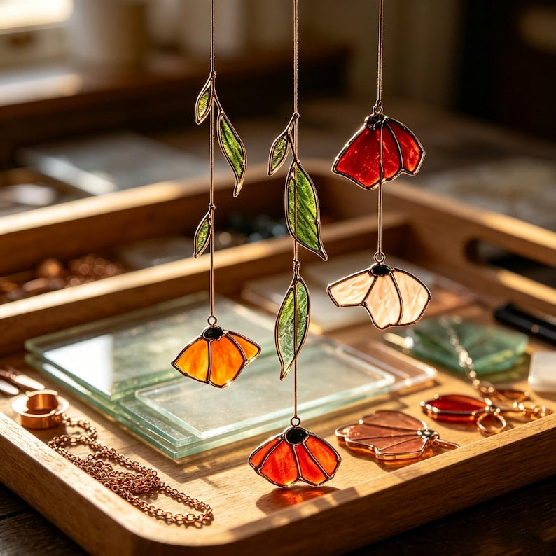 Herbst Mohn Blatt Glas Lichtfänger Handgemachtes Blumen Windspiel Terrassenfenster Deko