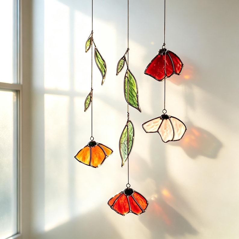 Herbst Mohn Blatt Glas Lichtfänger Handgemachtes Blumen Windspiel Terrassenfenster Deko