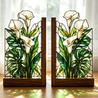 Buchstützen aus Buntglas Calla-Lilien Monstera Holzsockel handgefertigt botanische