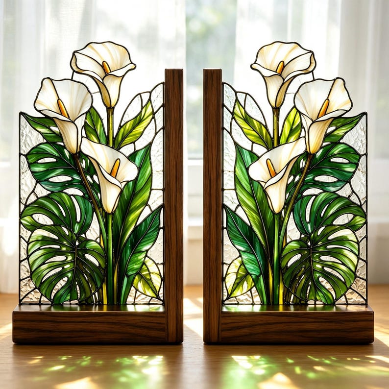 Buchstützen aus Buntglas Calla-Lilien Monstera Holzsockel handgefertigt botanische