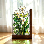 Buchstützen aus Buntglas Calla-Lilien Monstera Holzsockel handgefertigt botanische