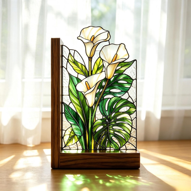 Buchstützen aus Buntglas Calla-Lilien Monstera Holzsockel handgefertigt botanische