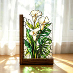 Buchstützen aus Buntglas Calla-Lilien Monstera Holzsockel handgefertigt botanische