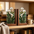 Buchstützen aus Buntglas Calla-Lilien Monstera Holzsockel handgefertigt botanische