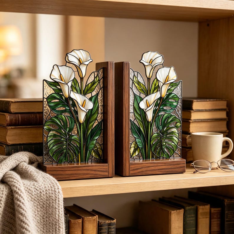 Buchstützen aus Buntglas Calla-Lilien Monstera Holzsockel handgefertigt botanische