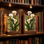 Buchstützen aus Buntglas Calla-Lilien Monstera Holzsockel handgefertigt botanische