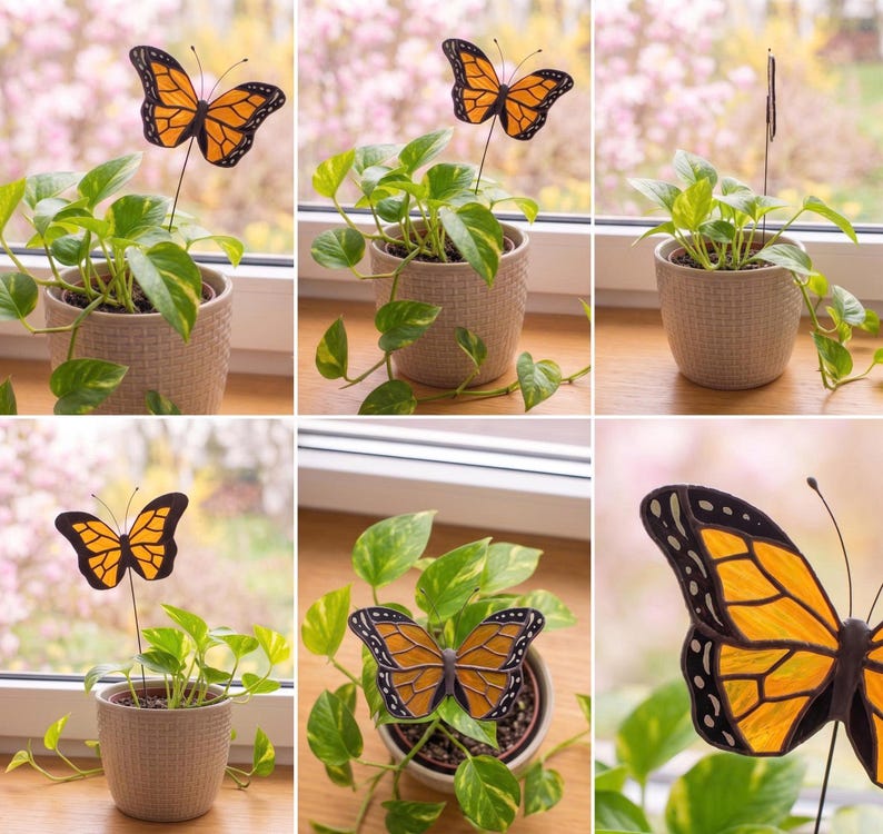 Monarchfalter-Pflanzenstecker aus Buntglas, 2er-Set, Sonnenfänger-Innendekoration