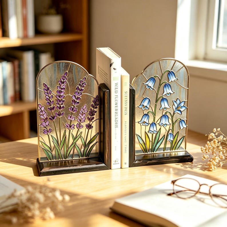Buchstützen aus Buntglas: Lavendel & Glockenblumen, Vintage-Cottagecore-Bücherregal-Deko, Paar, 8,27 Zoll hoch