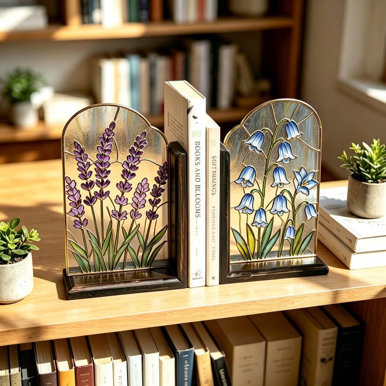 Buchstützen aus Buntglas: Lavendel & Glockenblumen, Vintage-Cottagecore-Bücherregal-Deko, Paar, 8,27 Zoll hoch
