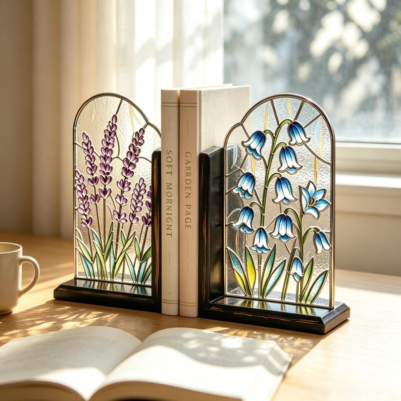 Buchstützen aus Buntglas: Lavendel & Glockenblumen, Vintage-Cottagecore-Bücherregal-Deko, Paar, 8,27 Zoll hoch