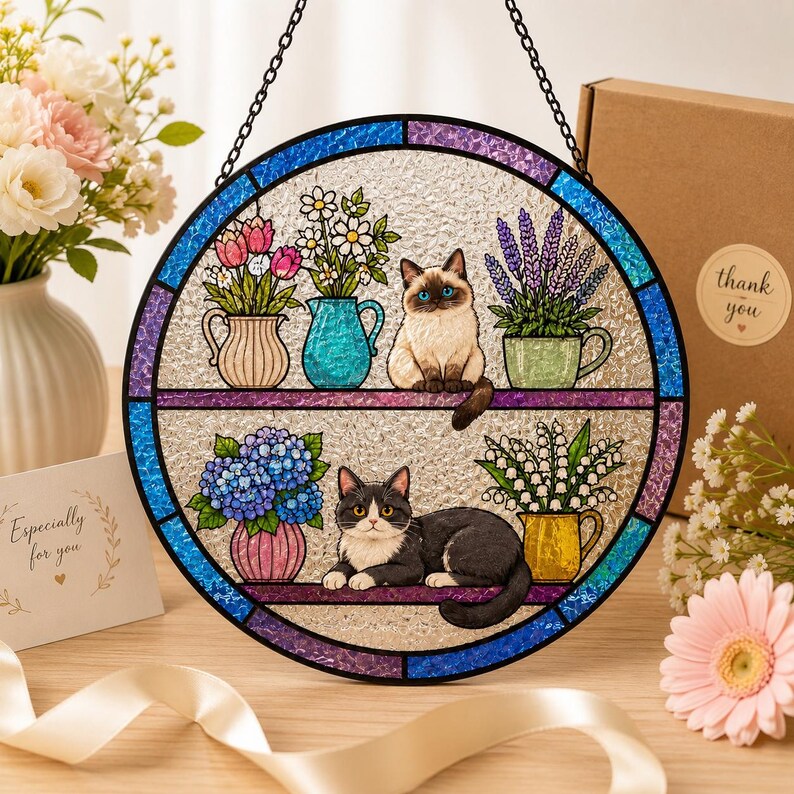 Runder Glas-Sonnenfänger mit Katzenmotiv, Fensterdeko, 3.5-11.8 Zoll, mit Kette und Saugnapf