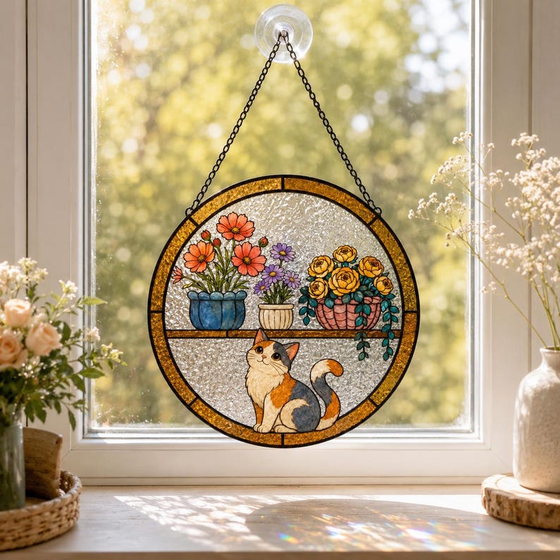 Katzen Fensterhänger aus Glas, dreifarbige Katze Blumen Sonnenfänger, Fensterdekoration, Acrylglas