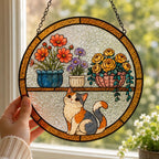 Katzen Fensterhänger aus Glas, dreifarbige Katze Blumen Sonnenfänger, Fensterdekoration, Acrylglas