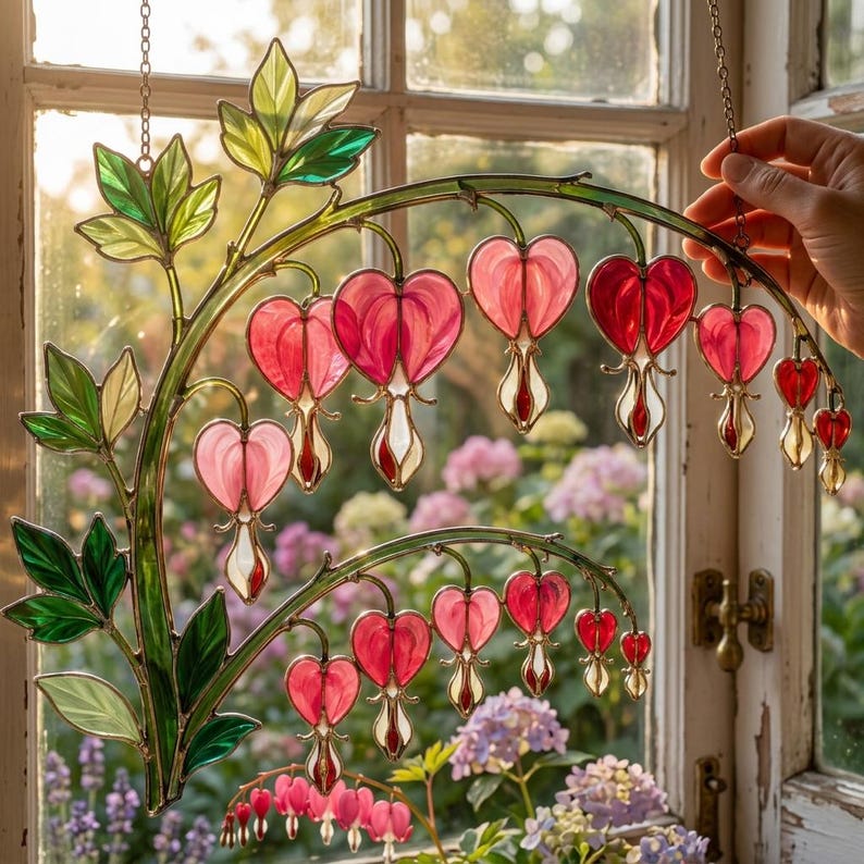 Handgefertigtes Acryl-Fensterbild mit Blutendem Herz, Bunte Florale Glasmalerei-Imitation