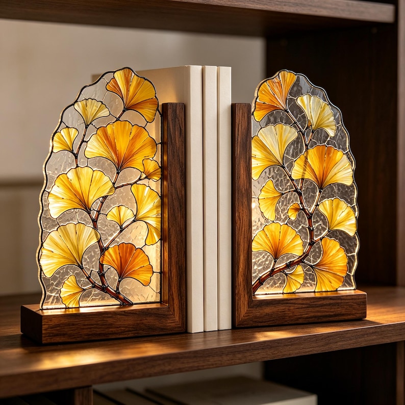 Ginkgoblattförmige Buchstütze aus Buntglas mit Holzsockel