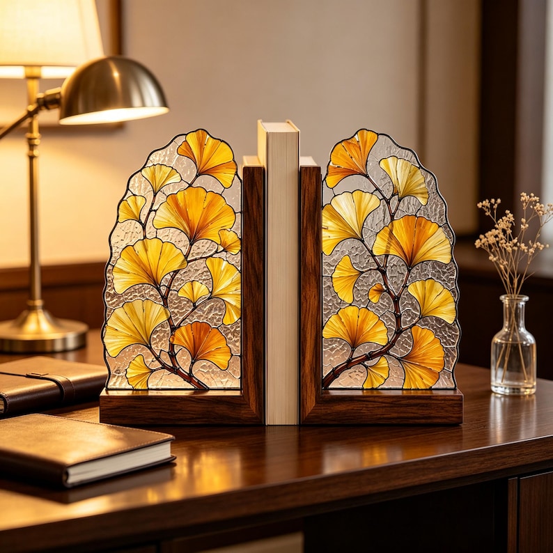 Ginkgoblattförmige Buchstütze aus Buntglas mit Holzsockel