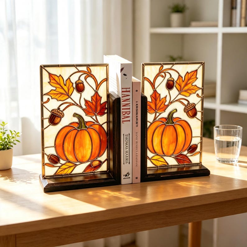 Kürbis-Buchstützen aus Buntglas, Buchstopper mit Ahorn und Eichel, 20,99 cm Höhe
