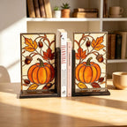 Kürbis-Buchstützen aus Buntglas, Buchstopper mit Ahorn und Eichel, 20,99 cm Höhe