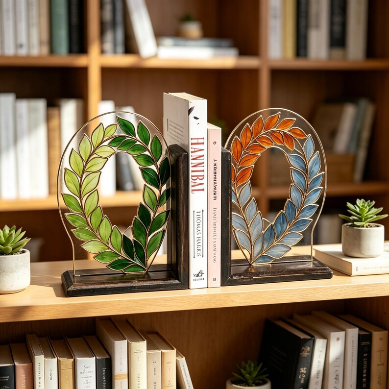 Buchstützen aus Buntglas mit Lorbeerkranzmotiv, handgefertigtes Set in Blattform