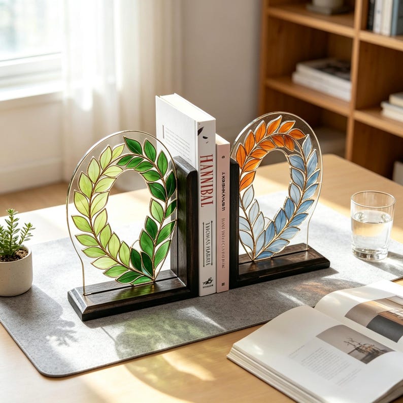 Buchstützen aus Buntglas mit Lorbeerkranzmotiv, handgefertigtes Set in Blattform