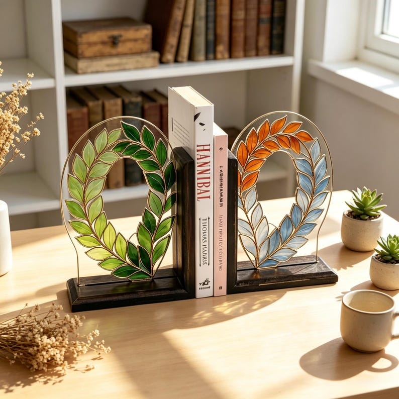 Buchstützen aus Buntglas mit Lorbeerkranzmotiv, handgefertigtes Set in Blattform