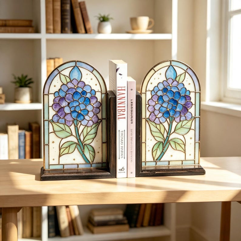 Hortensien-Buchstützen aus Buntglas Paar, florale Buchstopper, Dekoration für Bücherregal im Cottagecore-Stil