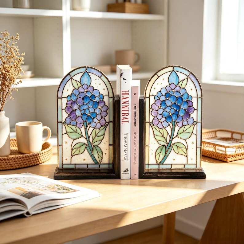 Hortensien-Buchstützen aus Buntglas Paar, florale Buchstopper, Dekoration für Bücherregal im Cottagecore-Stil