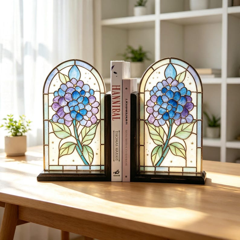 Hortensien-Buchstützen aus Buntglas Paar, florale Buchstopper, Dekoration für Bücherregal im Cottagecore-Stil