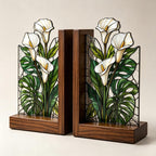 Buchstützen aus Buntglas Calla-Lilien Monstera Holzsockel handgefertigt botanische