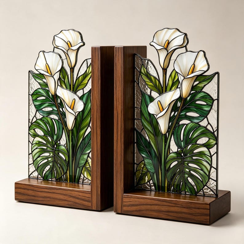 Buchstützen aus Buntglas Calla-Lilien Monstera Holzsockel handgefertigt botanische