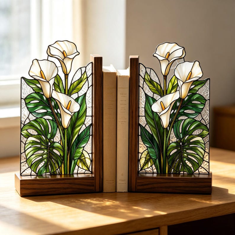 Buchstützen aus Buntglas Calla-Lilien Monstera Holzsockel handgefertigt botanische